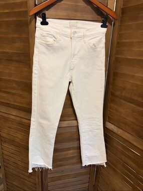 MOTHER White Cropped Straight-Leg Jeans with Raw Hem
